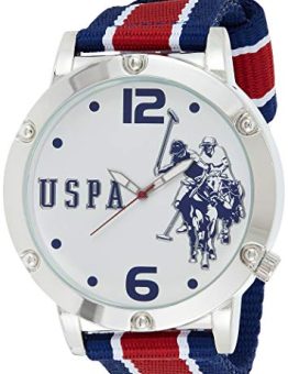 U.S. Polo Assn. Reloj analógico para hombre, esfera blanca con correa de grogrén a rayas rojas y azules, manecillas luminosas y ajuste ajustable para muñecas de 5.5 a 8 pulgadas, Blanco, Classic