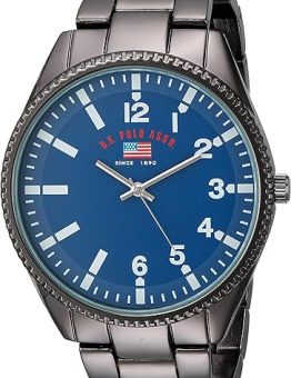 U.S. Polo Assn. Reloj analógico para hombre, esfera azul con pulsera de acero inoxidable negro y caja de regalo, duradero, elegante y ajustable para muñecas de 5.5 a 8 pulgadas, plomizo, Modern