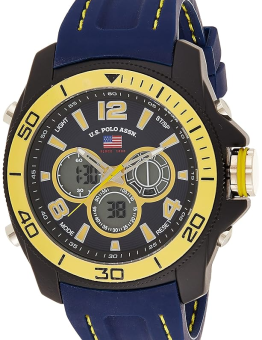 U.S. Polo Assn. Sport US9322 - Reloj deportivo para hombre con correa de silicona azul marino, Amarillo Negro, Cronógrafo, movimiento de cuarzo
