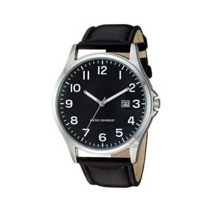 AMAZON ESSENTIALS RELOJ DE CORREA FÁCIL DE LEER PARA HOMBRE, COLOR PLATEADO Y CORREA NEGRA