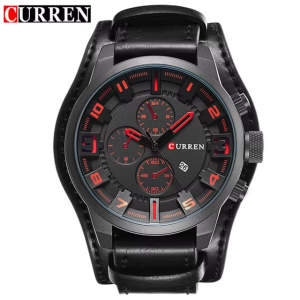 RELOJ CURREN CASUAL 8225-4 NEGRO-ROJO CORREA DE CUERO