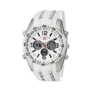 U.S. POLO ASSN. RELOJ DEPORTIVO PARA HOMBRE CON PANTALLA ANALÓGICA-DIGITAL, CORREA DE SILICONA CON ESLABONES PLATEADOS, CAJA DE METAL DE 1.732 PULGADAS, ALARMA, RETROILUMINACIÓN, DOBLE HORA, CIERRE DE