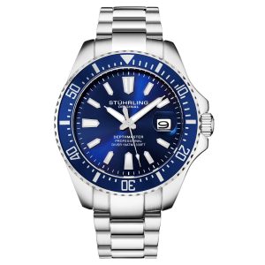 Stuhrling Original Men's Watches Pro Dive Watch Sports Watch with 42 MM Case Blue Dial Stainless Steel Silver Bracelet D