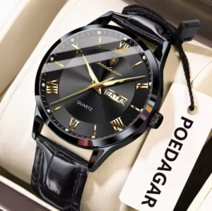 RELOJ CASUAL POEDAGAR P978BND DE CUERO NEGRO-DORADO