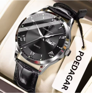 RELOJ CASUAL POEDAGAR P978BNC DE CUERO NEGRO-PLATEADO
